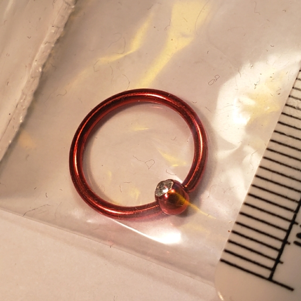NWOT, 16g, Red w/Clear Gem, Unisex, BCR Ball Captive Hoop Earring